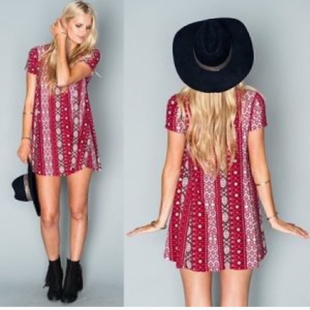 Show Me Your Mumu Nick's Babydoll Trapeze Swing Mini Dress Boho Red Brown S